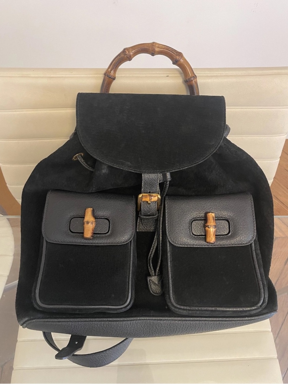 Gucci Black Suede Backpack with Bamboo Handle and Front Pockets